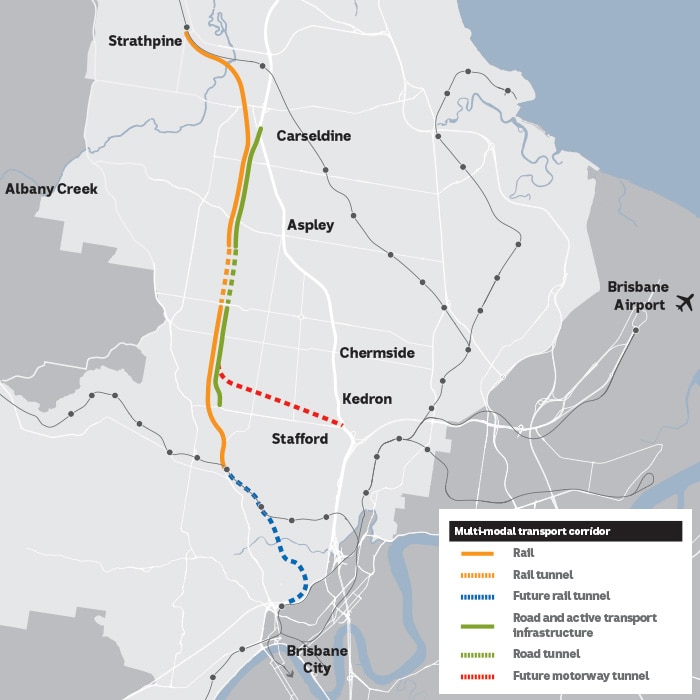 A map showing a proposed rail, bus, road and cycling way through Brisbane's northern suburbs.