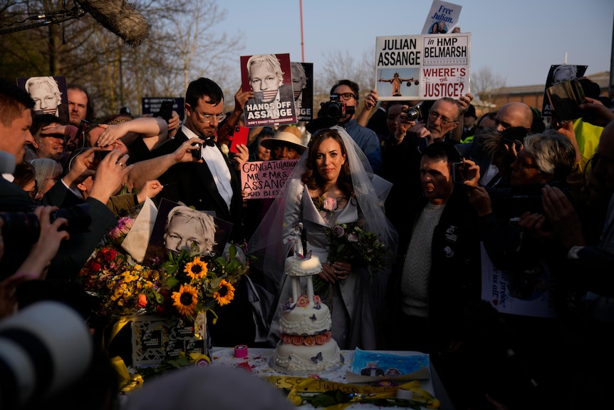 A bride stands in front of a wedding cake alone, not smiling She is surrounded by people with Free Assange placards