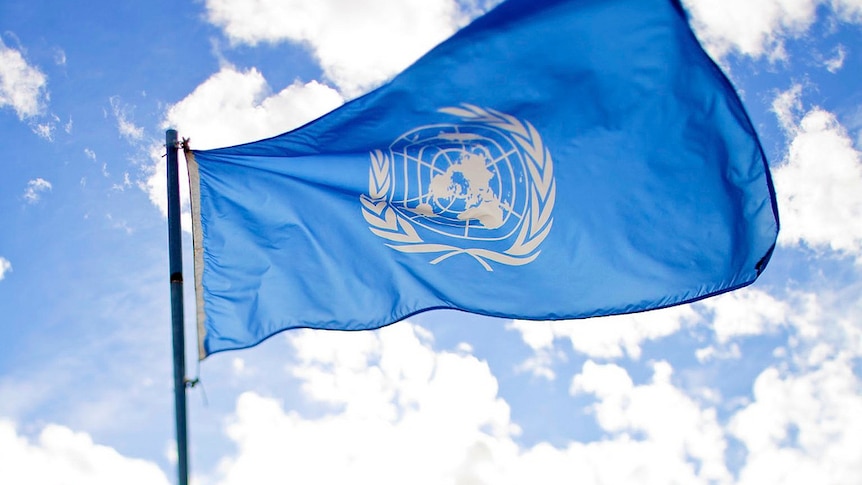 The United Nations blue flag flying on background of clouded sky.