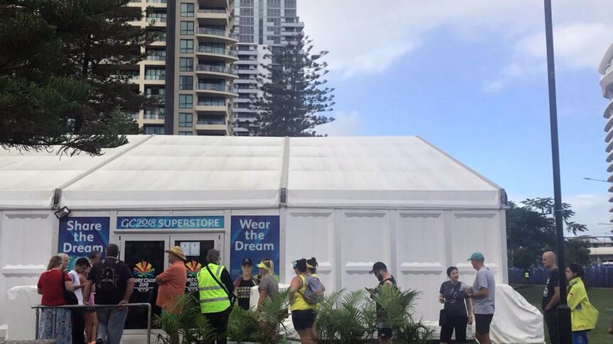 Fans line up outside the Gold Coast Commonwealth Games merchandise tent