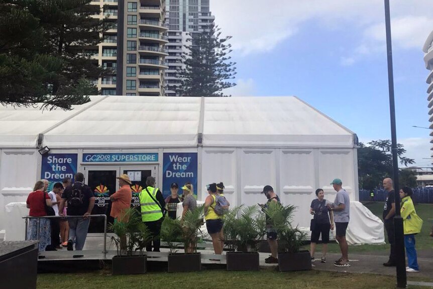 Fans line up outside the Gold Coast Commonwealth Games merchandise tent