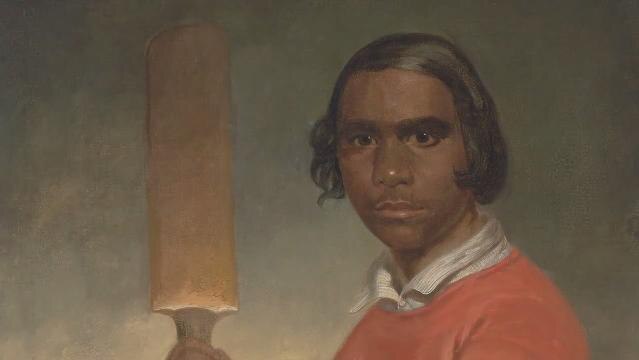 Painting of an Indigenous man, titled  'Portrait of Nannultera, a young Poonindie cricketer' 1854, by J. M. Crossland