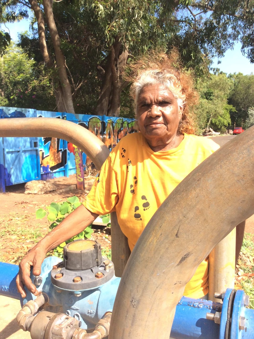 Aboriginal woman Helen Fejo-Frith stands next to a water pipeline fixture.