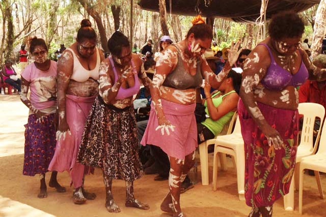 Women perform traditional Aboriginal dancing at the Borroloola native title ceremony.