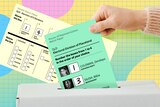 A hand places a vote into a ballot box in a stylised, colourful image