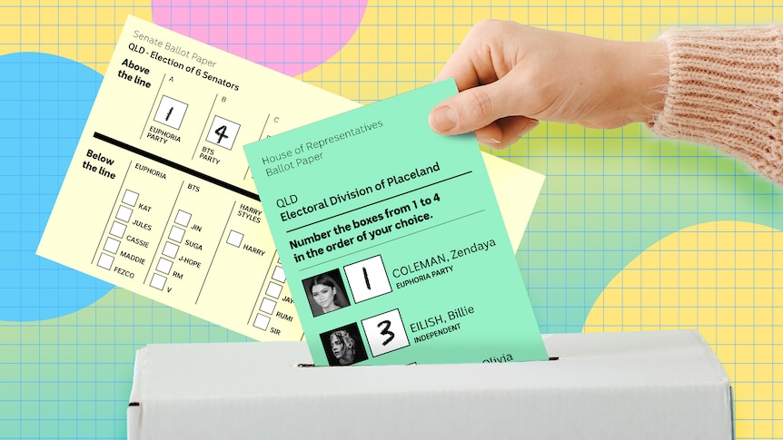 A hand places a vote into a ballot box in a stylised, colourful image