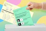 A hand places a vote into a ballot box in a stylised, colourful image