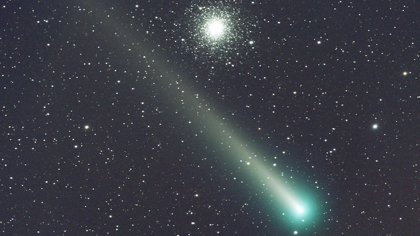 telescope image of Comet Leonard and M3 globular cluster
