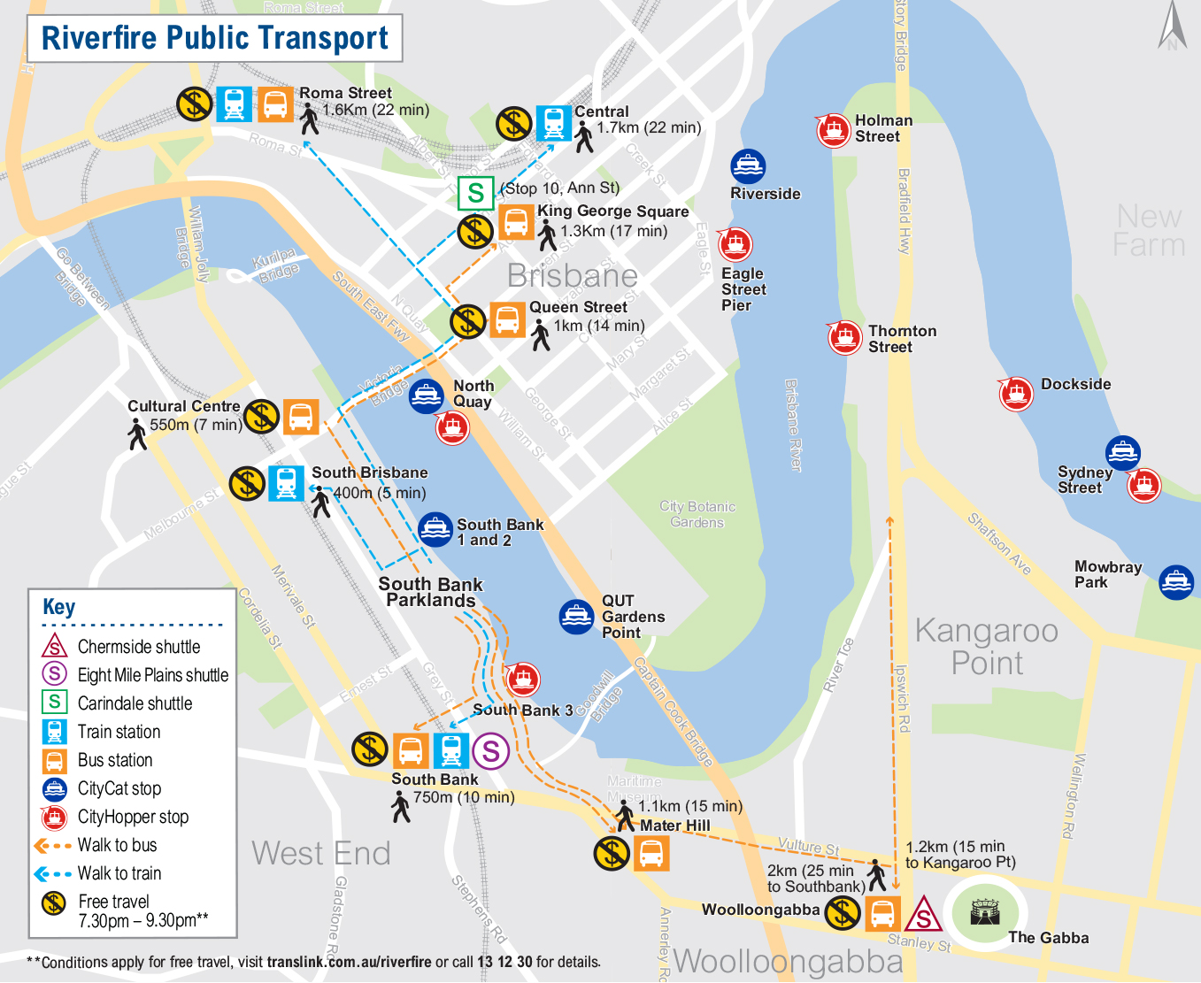 Map showing stops and stations for Riverfire on September 29, 2018
