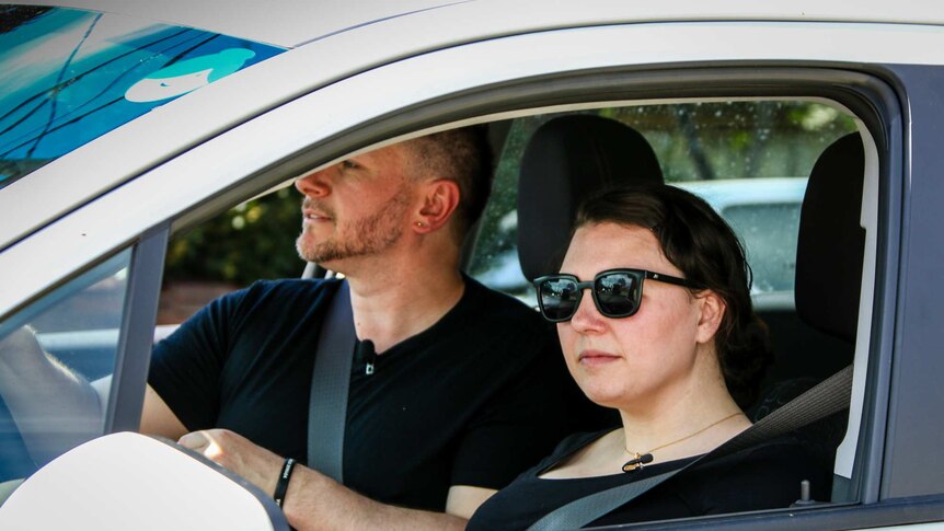 Erin Padbury and Alisdair Horgen in a peer-to-peer rented car