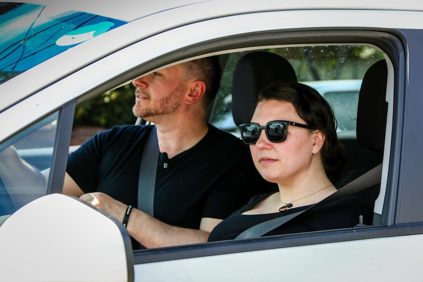 Erin Padbury and Alisdair Horgen in a peer-to-peer rented car