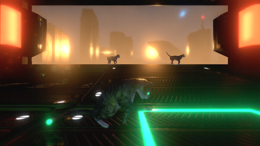 an image from am interactive computer animation showing three cyborg cats with bright orange and green neon lights on the walls