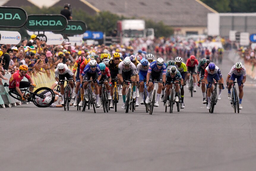 A cyclist is airborne as he falls toward the ground while his rivals pedal at top speed in a sprint finish to a stage.
