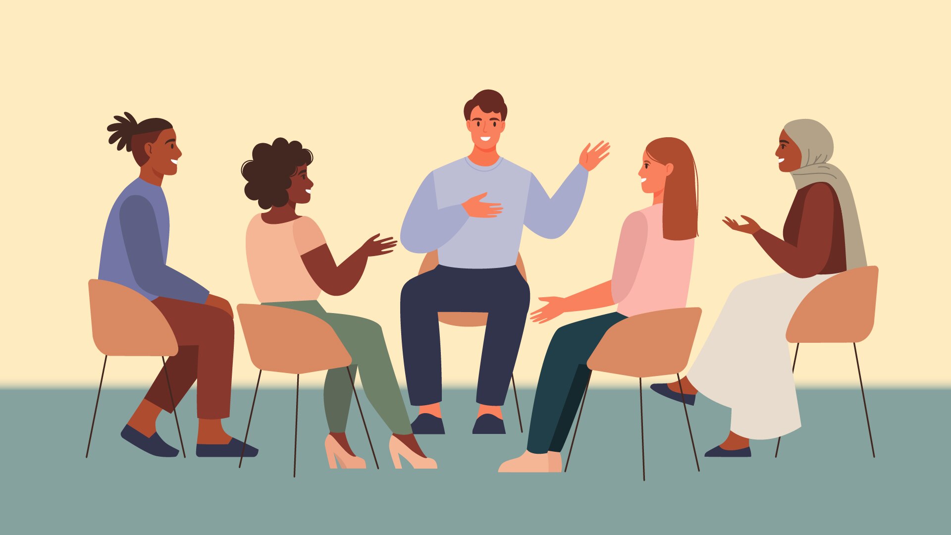 An illustration showing people from diverse backgrounds sitting in circle and talking