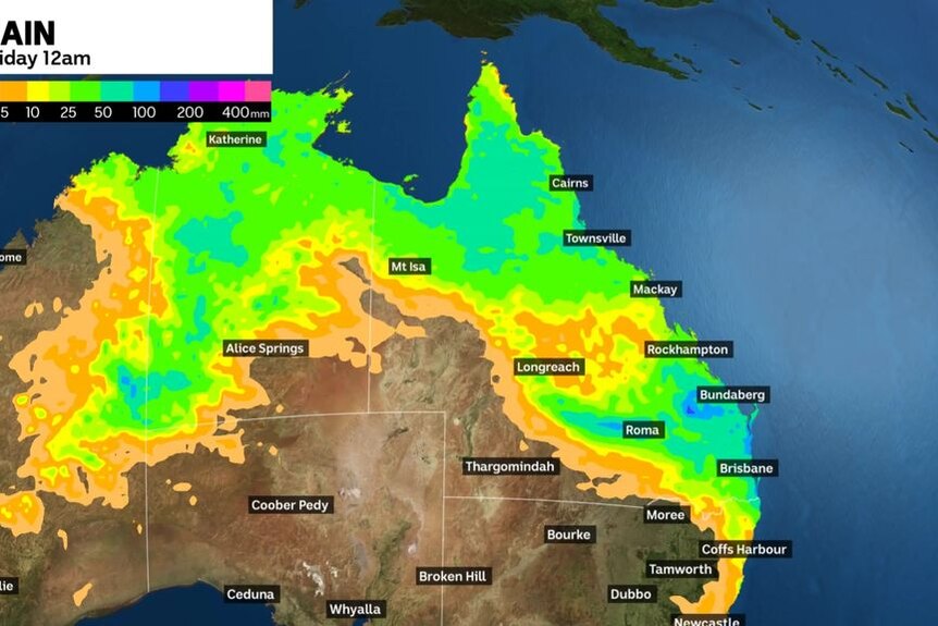 A weather map showing widespread rain across northern and central Australia.