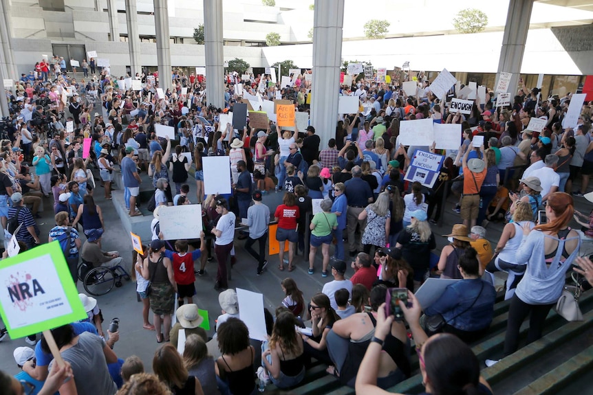 aerial shot shows Demonstrators attending the March for Action on Gun Violence