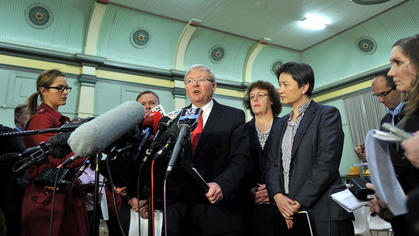 Kevin Rudd speaks to the media after a Labor Caucus meeting