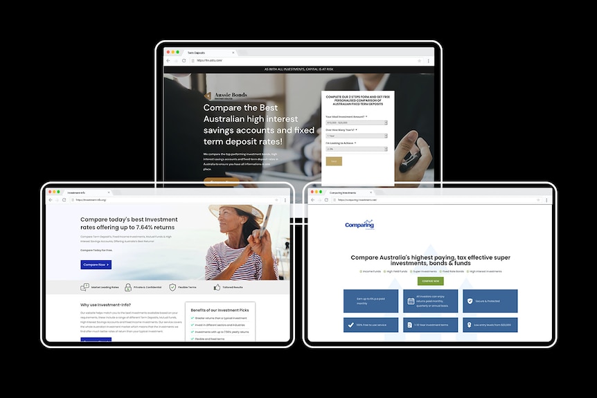 Three screenshots of investment websites.
