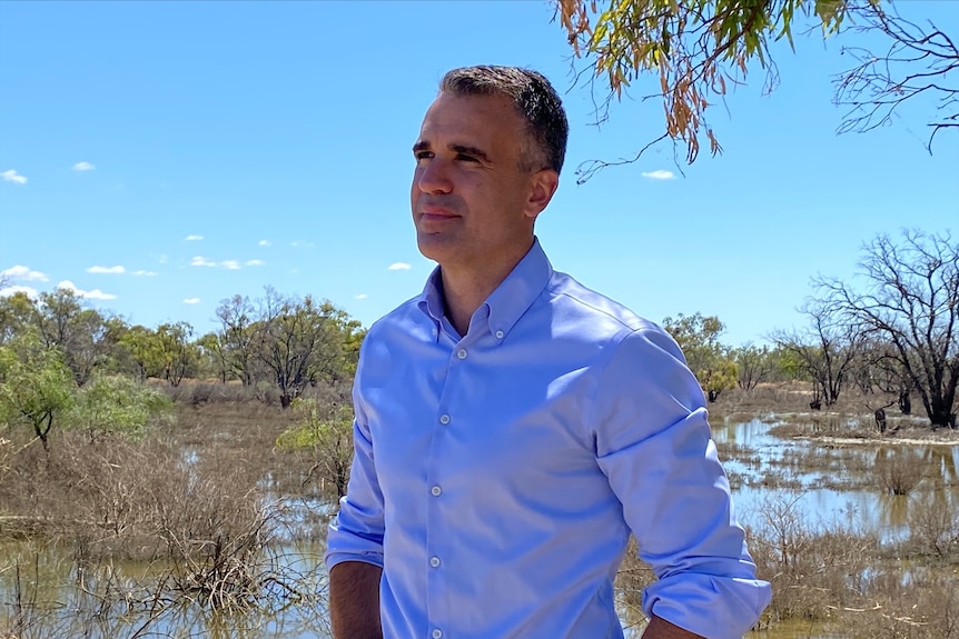 A man wearing a blue button-up shirt stands in front of the river, looking off camera