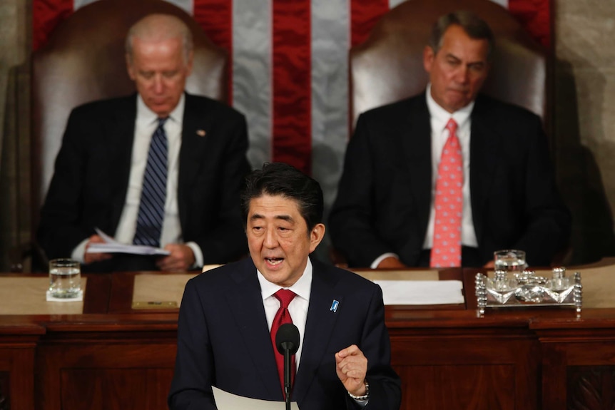 Japanese prime minister Shinzo Abe addresses a joint session of Congress