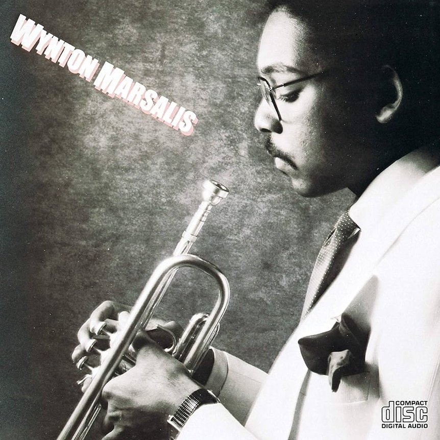 A monochrome shot of a young Wynton Marsalis for his debut LP