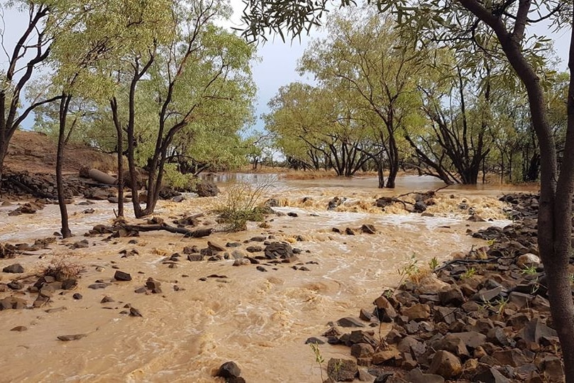 Floodwaters cover bushland at The Ranch near Longreach.