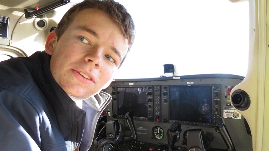 Tasmanian pilot Oliver O'Halloran in cockpit of Cessna 172 prior to around Australia attempt.