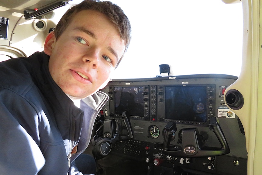 Tasmanian pilot Oliver O'Halloran in cockpit of Cessna 172 prior to around Australia attempt.