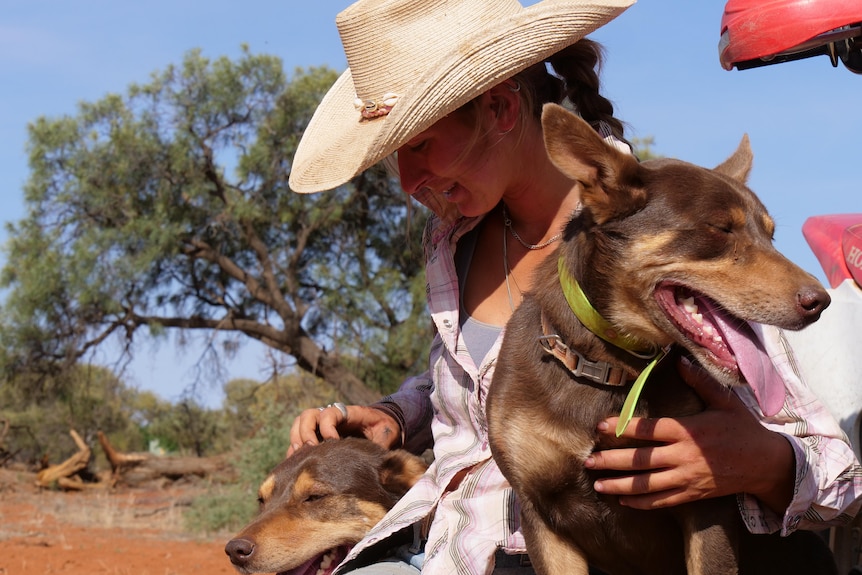 a young woman with a bush hat on with two dogs