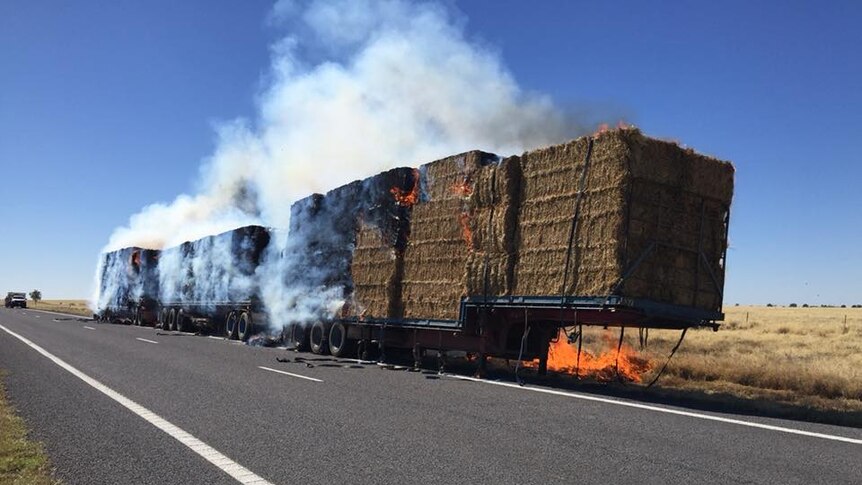 hay on a truck travelling between winton and kynuna starting to catch fire