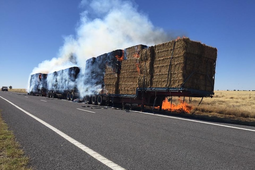 hay on a truck travelling between winton and kynuna starting to catch fire