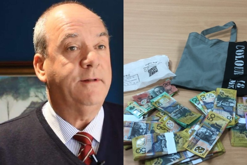 composite images of Daryl Maguire and a bag and wads of cash spread out on a table.