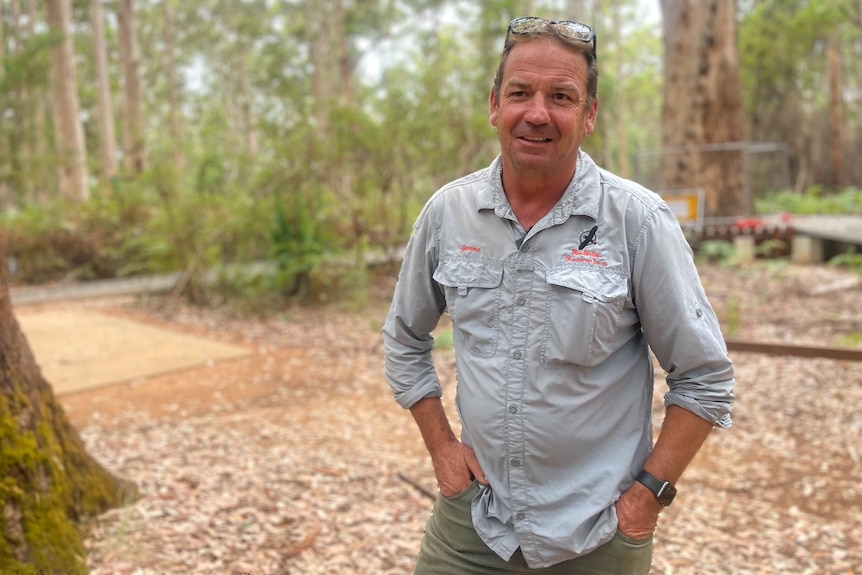 A man in a grey shirt stands in front of a closed tree