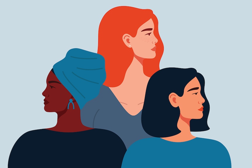 A cartoon graphic of three women in profile, one woman has red hair, another has a head wrap.