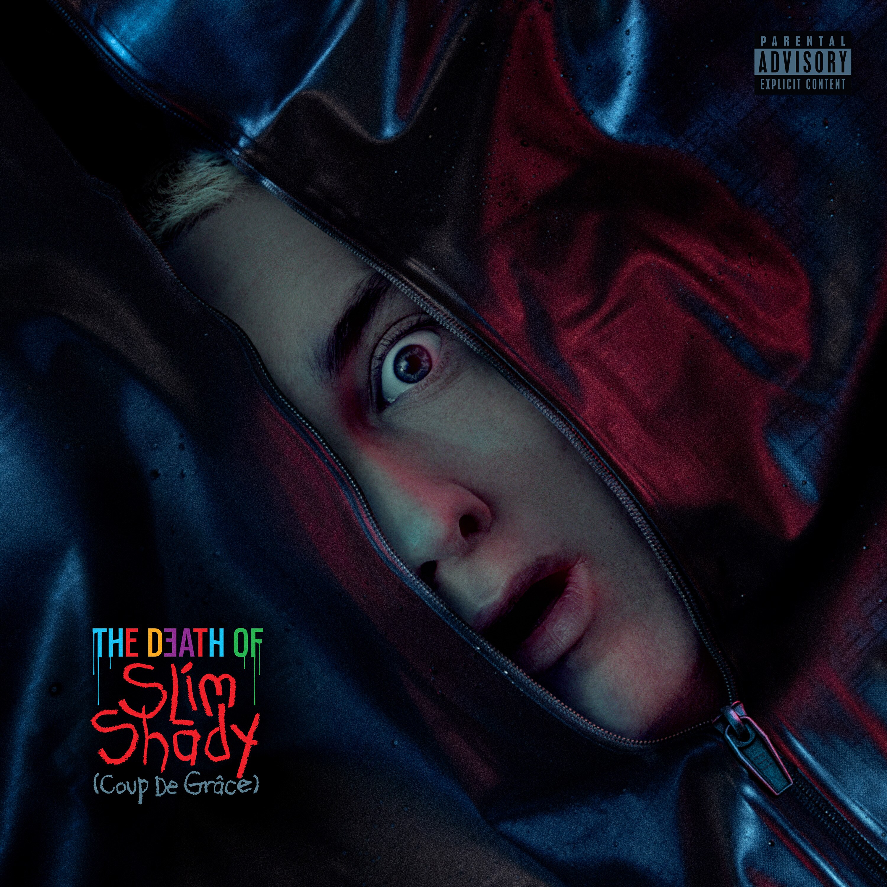 Eminem's face zipped up in a bodybag on cover of new album Death of Slim Shady