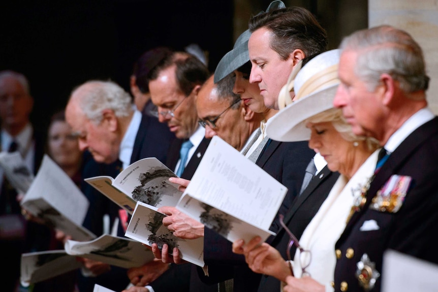 Tony Abbott joins David Cameron, Prince Charles and the Duchess of Cornwall at a British D-Day commemoration ceremony.