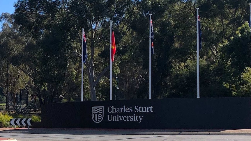 The main entrance to Charles Sturt University's Wagga Wagga campus in May 2019.