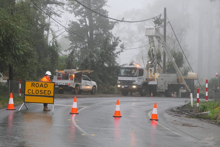 A road closed sign with power workers working on powerlines in the background.