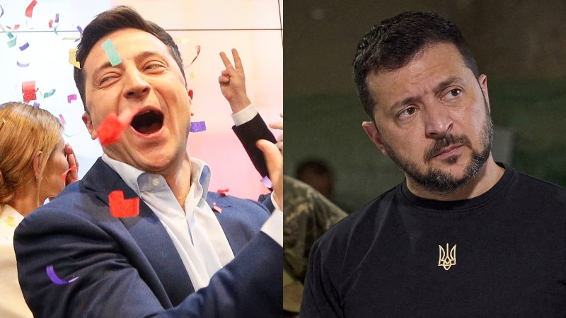 A composite image showing a jubilant Zelenskyy on election night and the same man somber in 2023.