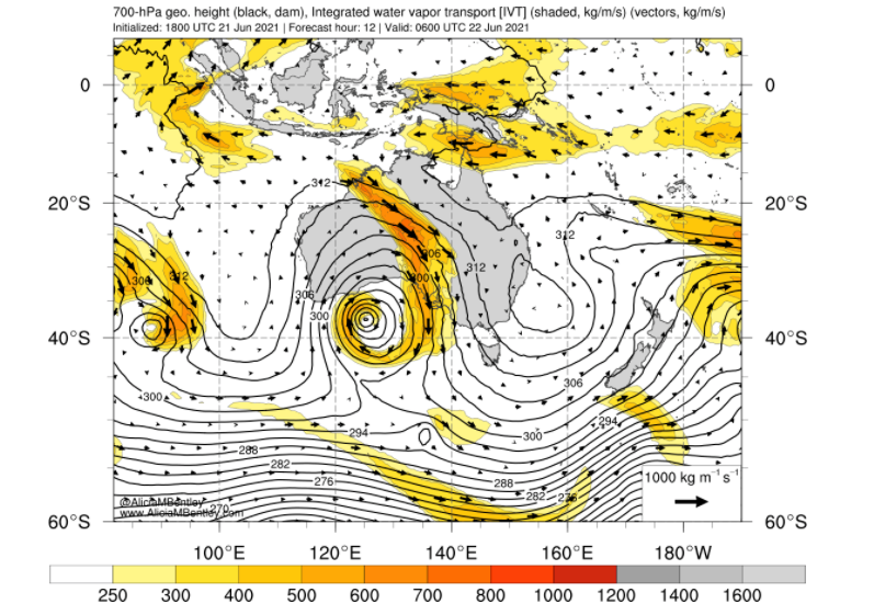 Meteorological map of Australia, showing the atmospheric river streaming from the north-west of the continent