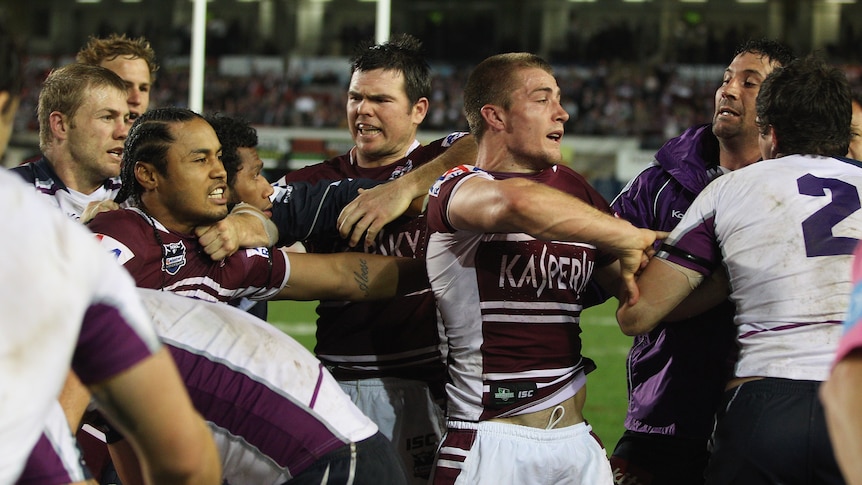 Storm and Sea Eagles players brawl at Brookvale Oval in 2011.
