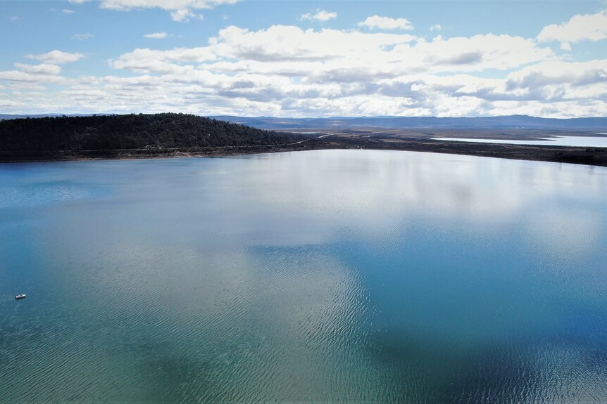 A drone shot of a lake.