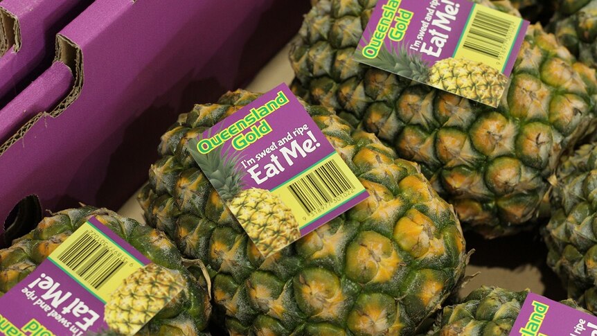 A close up of a box of pineapples with a sticker on them saying "eat me".
