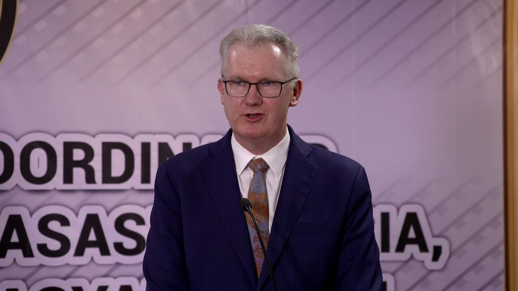 Tony Burke in a suit and tie speaking at a microphone at a media conference.