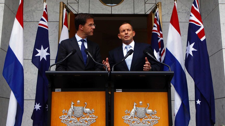 Prime Minister Tony Abbott and Prime Minister of the Netherlands Mark Rutte at a press conference in Canberra, 6 November 2014