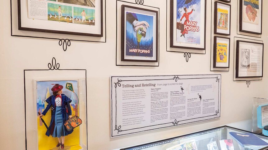 Memorabilia such as posters and dolls featuring Mary Poppins.