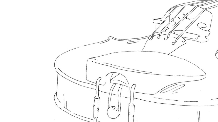 A line drawing of the lower half of a violin, looking over the bridge from the chin rest and tailpiece.