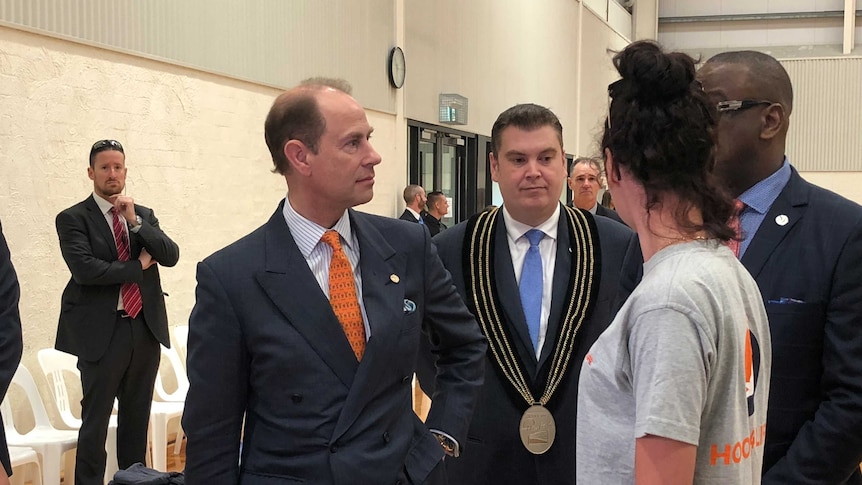 Prince Edward stands alongside Playford mayor Glenn Docherty.