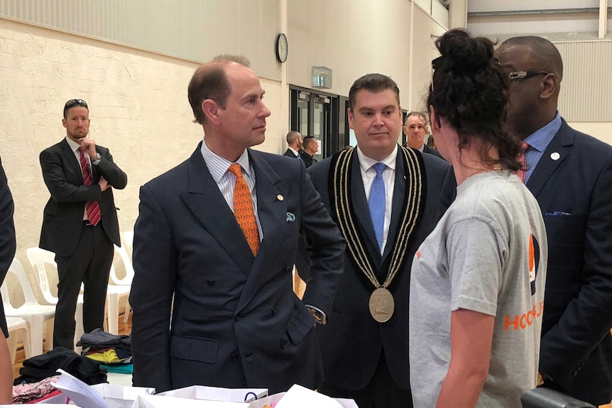 Prince Edward stands alongside Playford mayor Glenn Docherty.