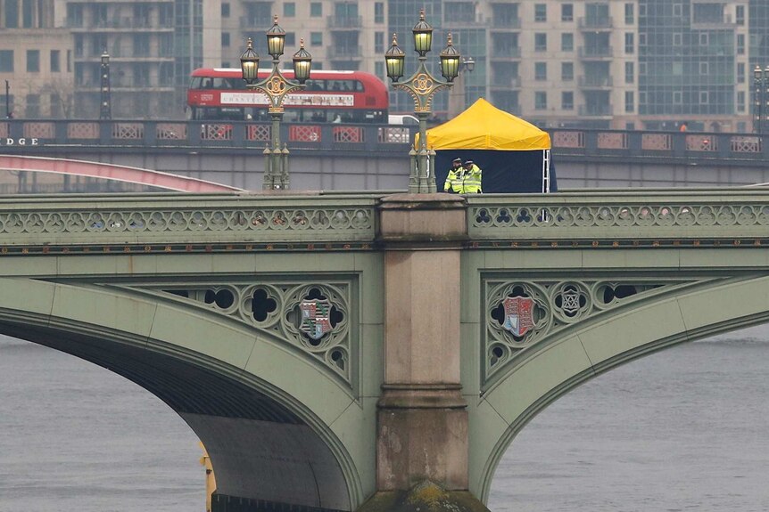 Police officers and forensic investigators work on Westminster Bridge